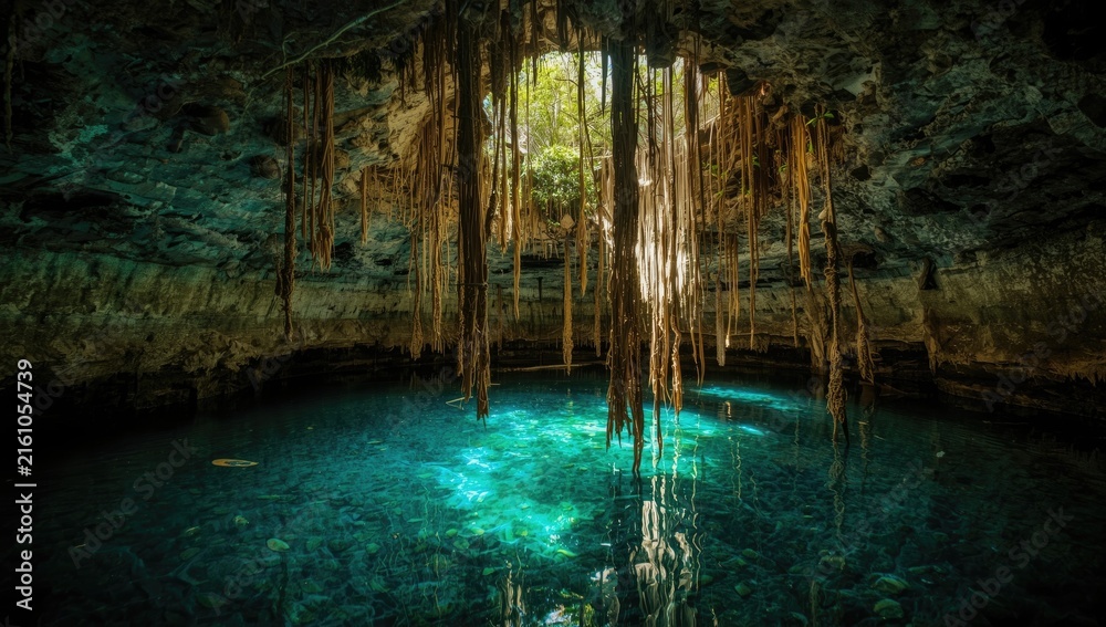 Fototapeta premium Mysterious Cenote with Stalactites and Crystal Clear Water in Sunlight