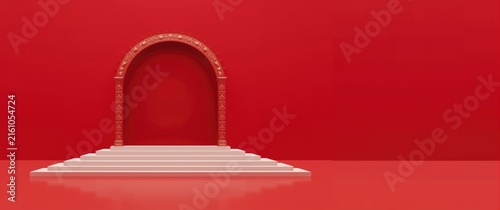 Decorative Archway on Steps Against a Bold Red Background