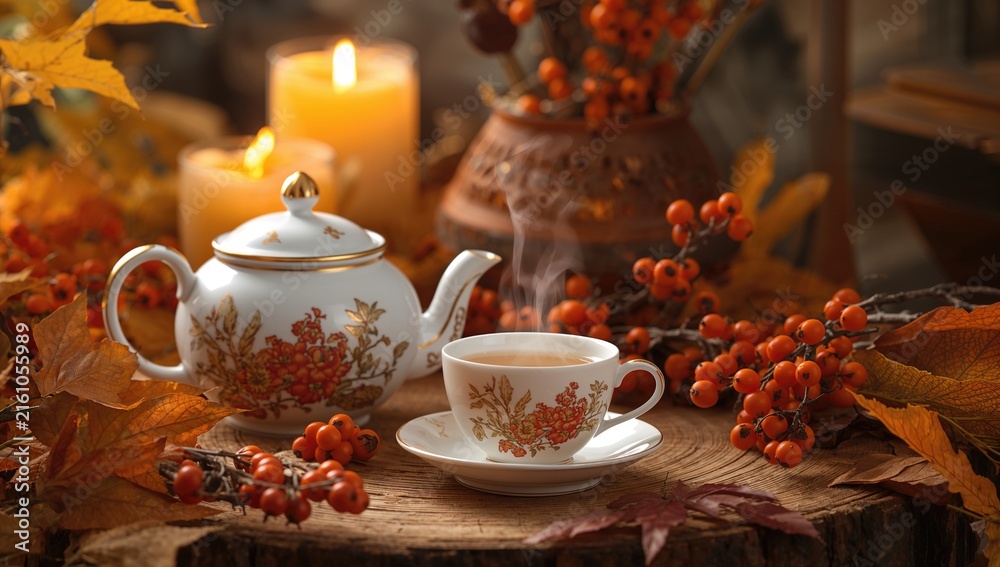 Fototapeta premium Cozy Tea Setup with Vintage Teapot and Cup Surrounded by Autumn Leaves and Berries