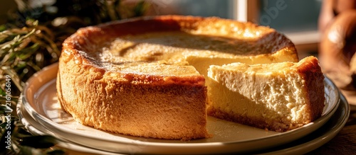 A golden-brown cheesecake with a slice removed sits on a plate