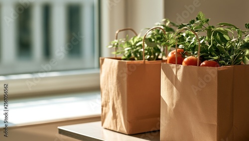Paper bags filled with fresh produce sit by a sunlit window