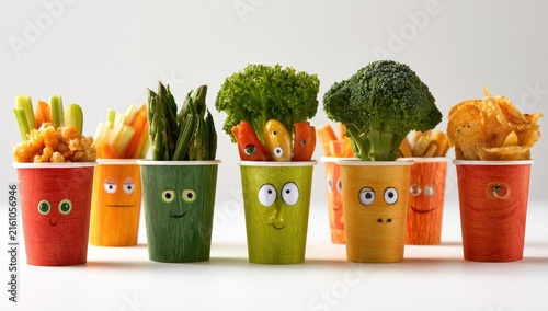 Colorful cups with assorted vegetable snacks creatively presented with playful faces
