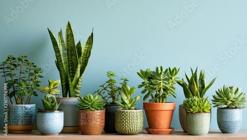 Row of assorted potted green plants on a shelf, light blue background