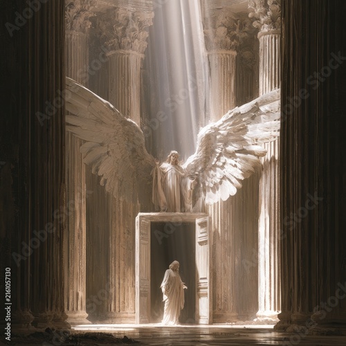 Ethereal angelic figures grace a grand hall with towering columns, bathed in divine light