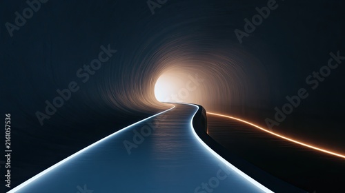A surreal, glowing pathway curves through a dark, futuristic tunnel