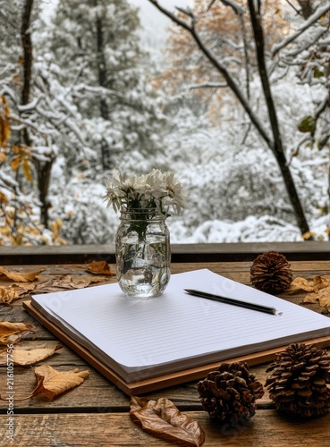 A blank notebook and pencil sit on a wooden surface with autumn leaves and pinecones, snow-dusted trees outside