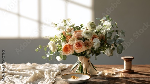 Soft peach and cream floral bouquet with rings on a saucer