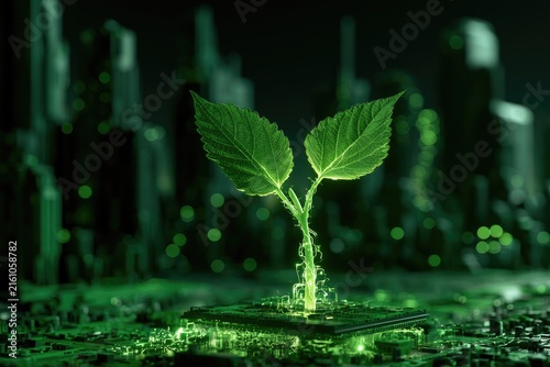 Vibrant green seedling sprouts from illuminated circuit board, futuristic city backdrop