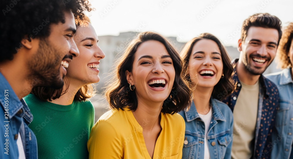 Obraz premium Diverse group of happy people laughing outdoors, showcasing joy and connection, perfect for lifestyle and celebration themes