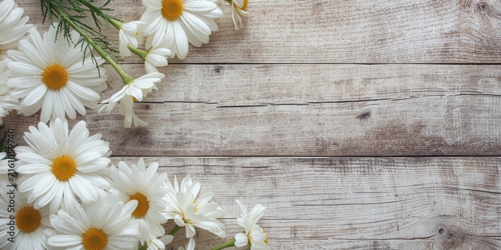 Obraz premium White Daisies Arranged on Rustic Wooden Background in Natural Light