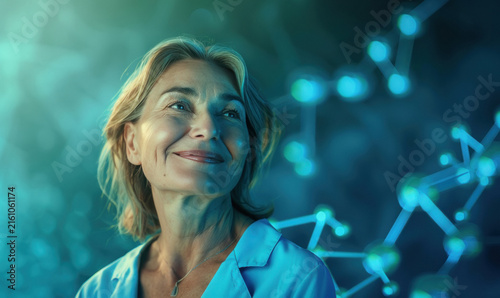 senior woman standing on blue molecular shapes