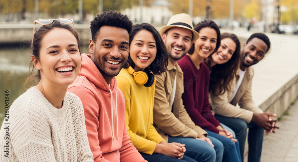 Obraz premium Group of diverse young adults smiling and looking at the camera, symbolizing friendship, togetherness, and happiness, perfect for lifestyle or community themes.