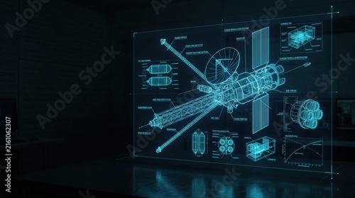 Futuristic Spacecraft Blueprint: A detailed holographic projection showcases a complex spacecraft blueprint, highlighting its intricate design and advanced technology for interstellar exploration.