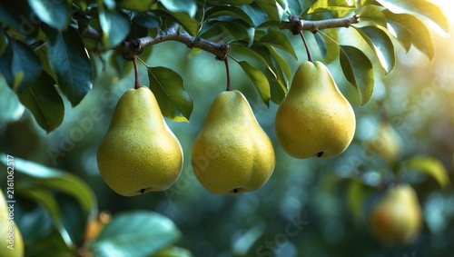 Three Bosc pears hanging on a tree in Odell, Oregon, captured just prior to harvest season.