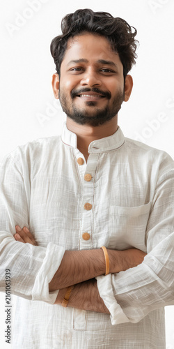 young indian man standing on white background