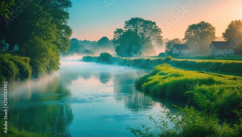Serene River Landscape at Sunrise with Mist and Lush Greenery