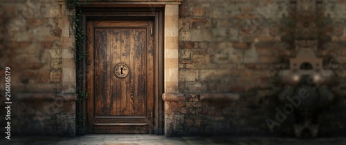Rustic Wooden Door with Circular Knob Against a Stone Wall with Ivy