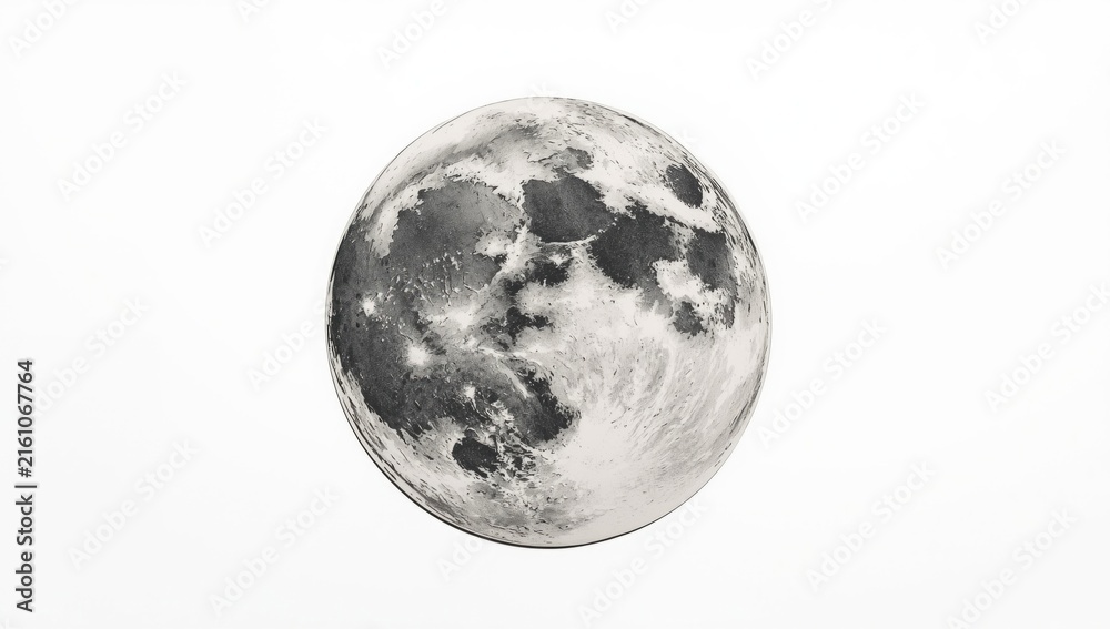 Naklejka premium Full Moon Isolated on White Background with Detailed Surface Textures