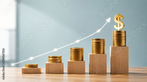 Financial growth concept with rising coin stacks and upward arrow showing profit increase