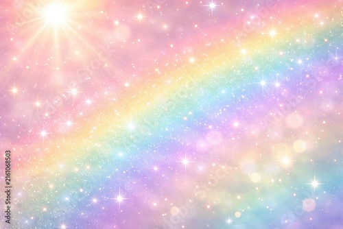 Rainbow with Sparkles and Light Rays on Pastel Background