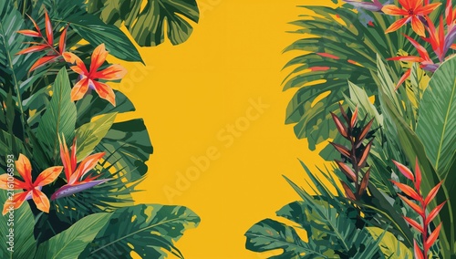 Tropical Foliage and Vibrant Flowers Framing a Bright Yellow Background
