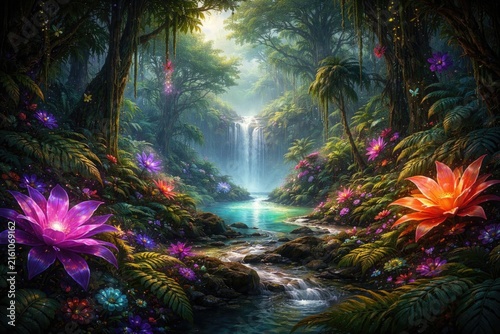 Lush Tropical Waterfall Surrounded by Colorful Flowers and Foliage