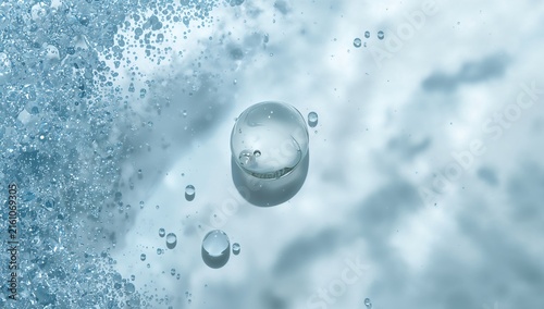 Water Droplet Surrounded by Bubbles in Soft Blue Tones