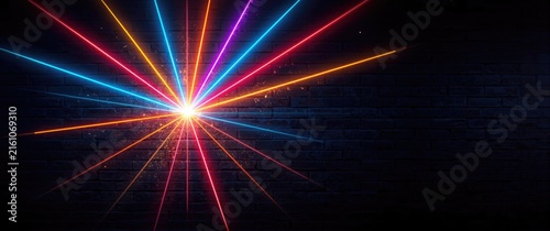 Colorful Light Rays Emanating from Center against Dark Brick Background