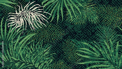 Lush Tropical Greenery Pattern with Monochromatic Design Elements