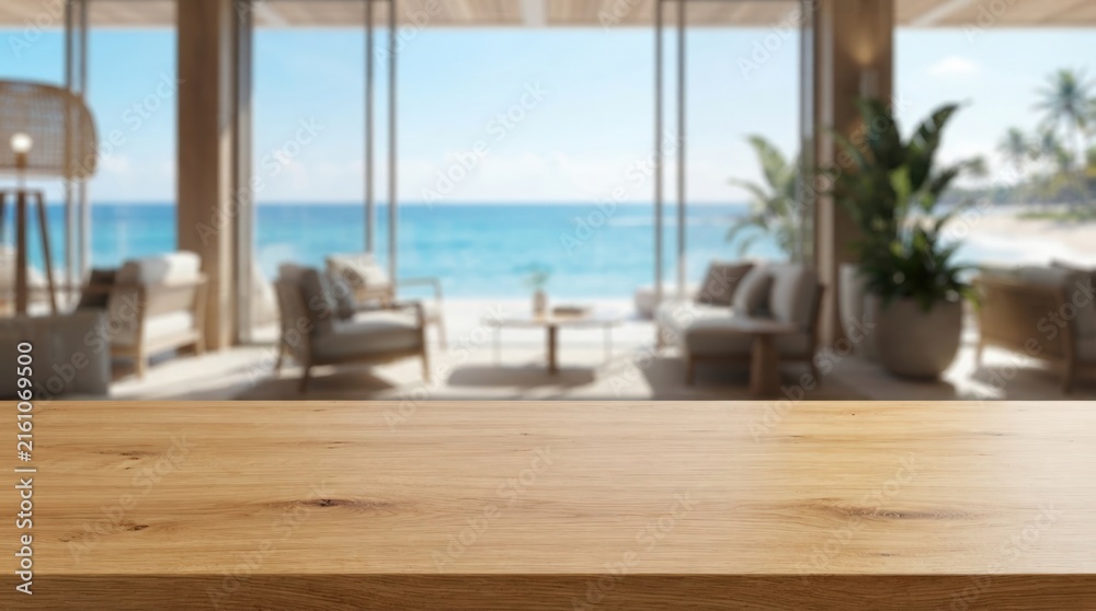 Fototapeta premium Sharp empty wooden tabletop surface in foreground over blurred modern interior background ideal for product presentation, mockup backdrop, branding, and marketing materials