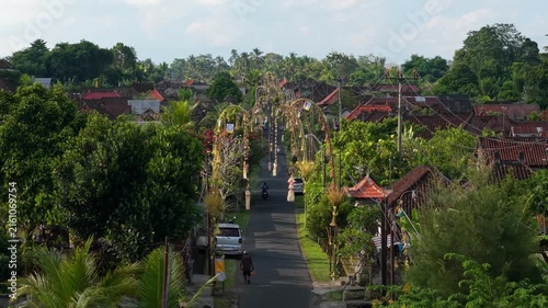 Aerial view of traditional Balinese village street decorated with penjor, featuring lush greenery, a person walking, and a scooter in Kecamatan Tegallalang, Bali, Indonesia.