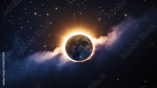 Solar Eclipse with Earth Silhouette Surrounded by Cosmic Nebula and Stars