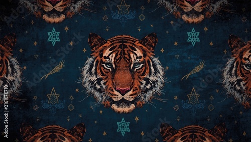 Tiger Head Illustration in Intricate Pattern with Stars on Dark Background
