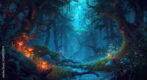 Mystical Forest Scene with Glowing Flowers and Soft Blue Light