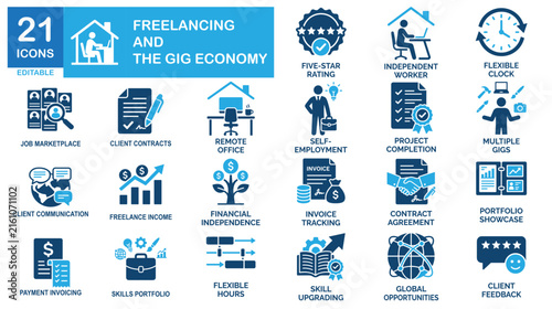 Freelance solid icon set. Includes symbols for Ratings, Independent worker, and Contract. Vectors for gig apps.