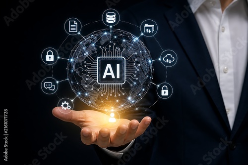 Hand holds glowing ai concept with connected icons and digital network