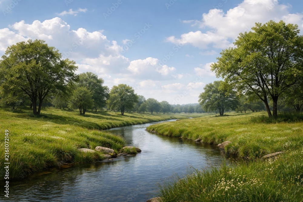 Naklejka premium Serene Meadow Landscape with a Gently Curving Stream Under a Blue Sky