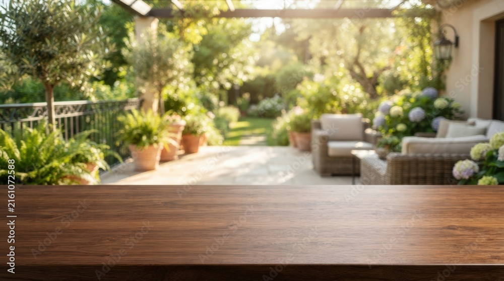 Fototapeta premium Sharp wooden tabletop surface in foreground over a softly blurred modern interior garden backdrop ideal for product presentation mockups branding and marketing