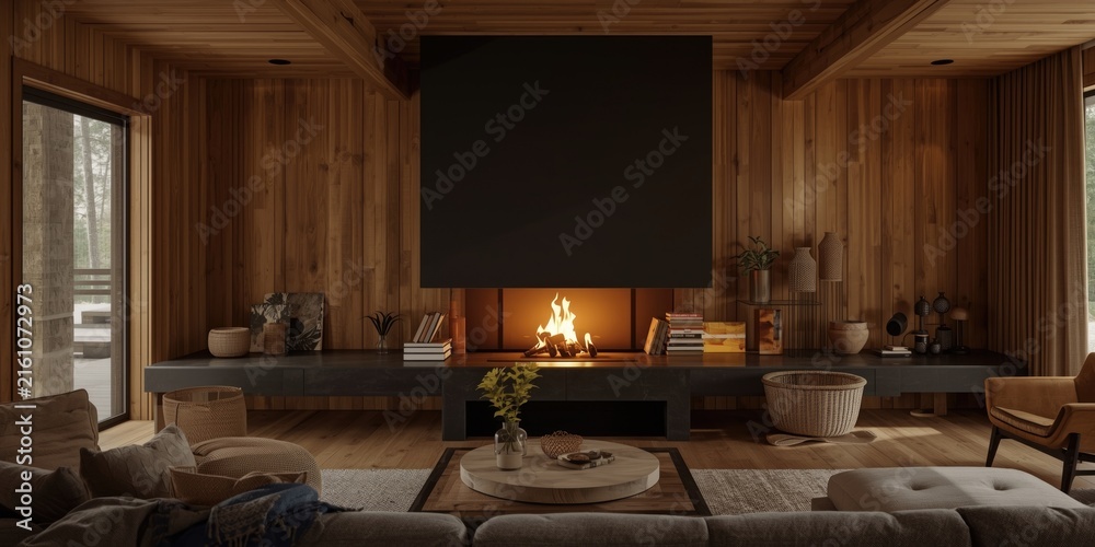 Fototapeta premium Cozy Modern Living Room with Fireplace and Wooden Walls at Evening
