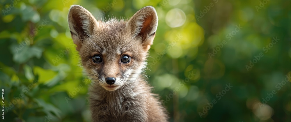 Naklejka premium Young Fox Curiously Looking at Camera in Lush Green Background