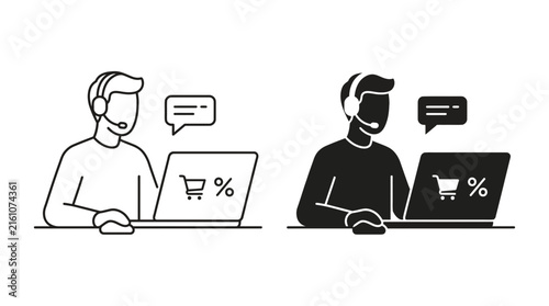 Cuadro en lienzo Customer support representative with laptop and headset black silhouette style