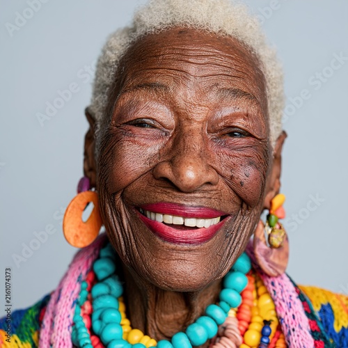 Senior black woman smiling, enjoying life and colorful fashion