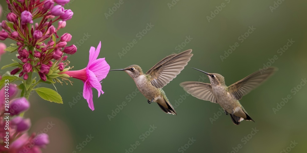 Naklejka premium Hummingbirds hovering around pink flowers in a garden