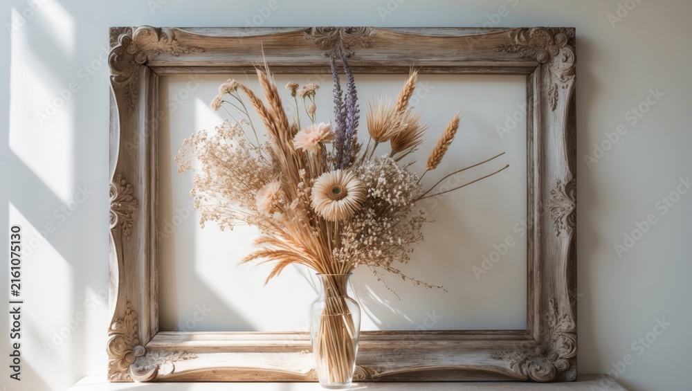 Fototapeta premium Wooden frame with dried flowers in a vase set against a background wall.