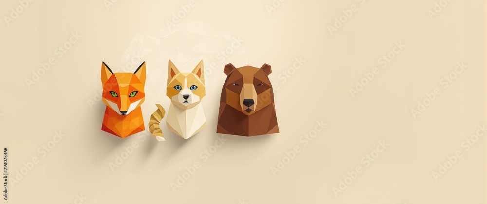 Naklejka premium Polygonal Animal Heads of Fox Cat and Bear on Beige Background