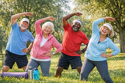 Elderly people practicing yoga outdoors, forming a community and staying active.