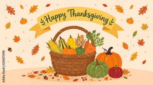 Happy thanksgiving greeting card featuring a wicker basket filled with fresh autumn harvest vegetables and pumpkins