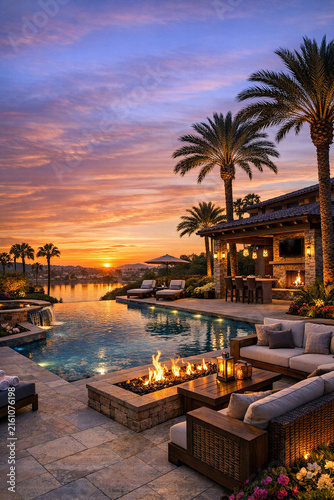 A serene sunset at a luxurious beach resort with a pool, lounge area, and palm trees.