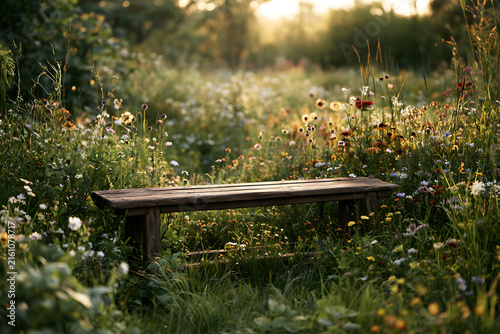 A serene wooden bench sits nestled in a vibrant field of wildflowers, bathed in the warm, golden light of a setting or rising sun.