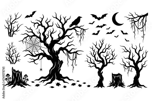 Silhouette halloween day set vector trees bats raven moon dark scary